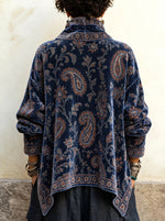 Women's Vintage Paisley Velvet Cowl Neck Top - Asymmetric Button Front Draped Tunic Blouse