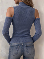 Chic Cold-Shoulder Full-Zip Ribbed Washed Knit Top