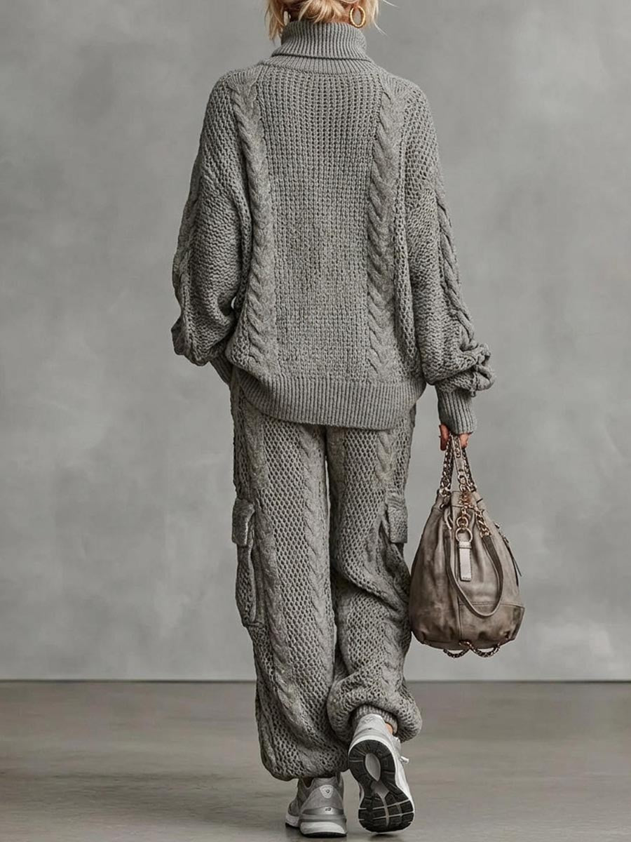 Gray Chunky Turtleneck Sweater And Mesh Cargo Pants Set