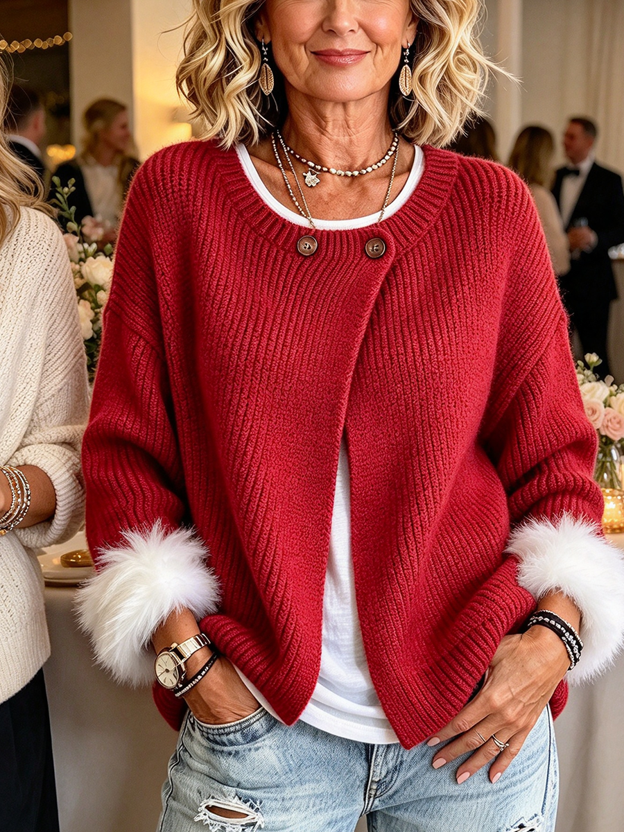 Cozy Red Cardigan With Plush Faux Fur Cuffs