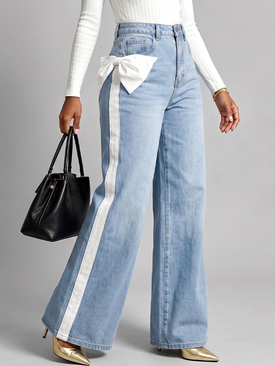 Women's High Waisted Wide Leg Jeans With White Side Stripe And Bow