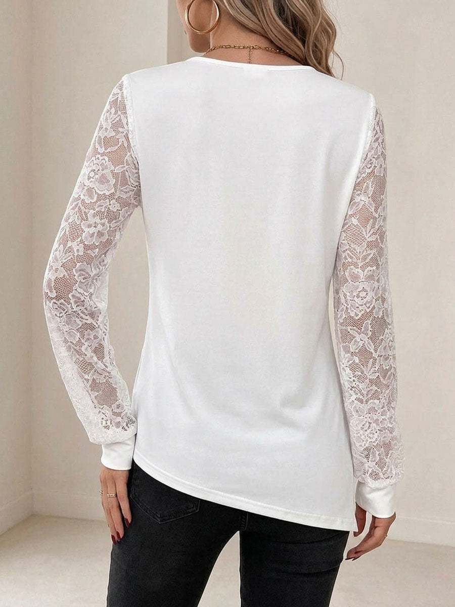 Women's Elegant Lace Splice V-neck Long Sleeve Top With Rhinestone Embellishments