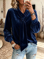 Velvet Top With A Crossover Neckline, Ribbon Ties, And Lantern Sleeves