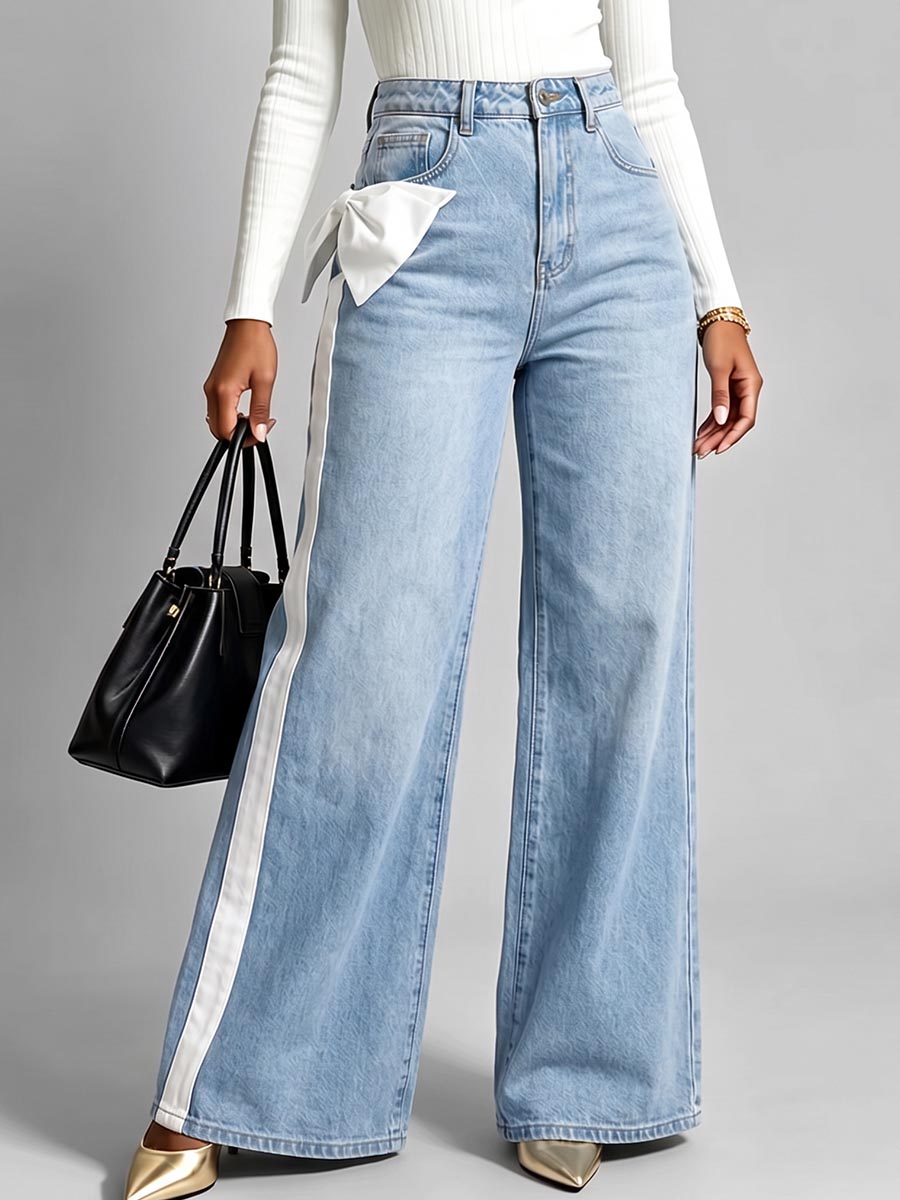 Women's High Waisted Wide Leg Jeans With White Side Stripe And Bow