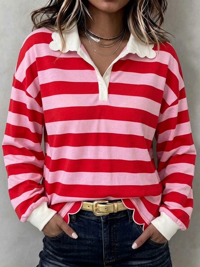 Casual Striped Cotton Sweatshirt With Fan-shaped Collar