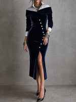 Sophisticated And Elegant Midi Dress Featuring A Striped Shirt-style Collar And A Velvet Panel Design