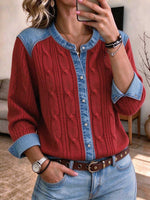 Women's Casual Denim Spliced Cable Knit Button-Down Sweater