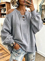 Loose-fit Off-shoulder Sweatshirt With Crisscross Lace-up Detailing And Lantern Sleeves