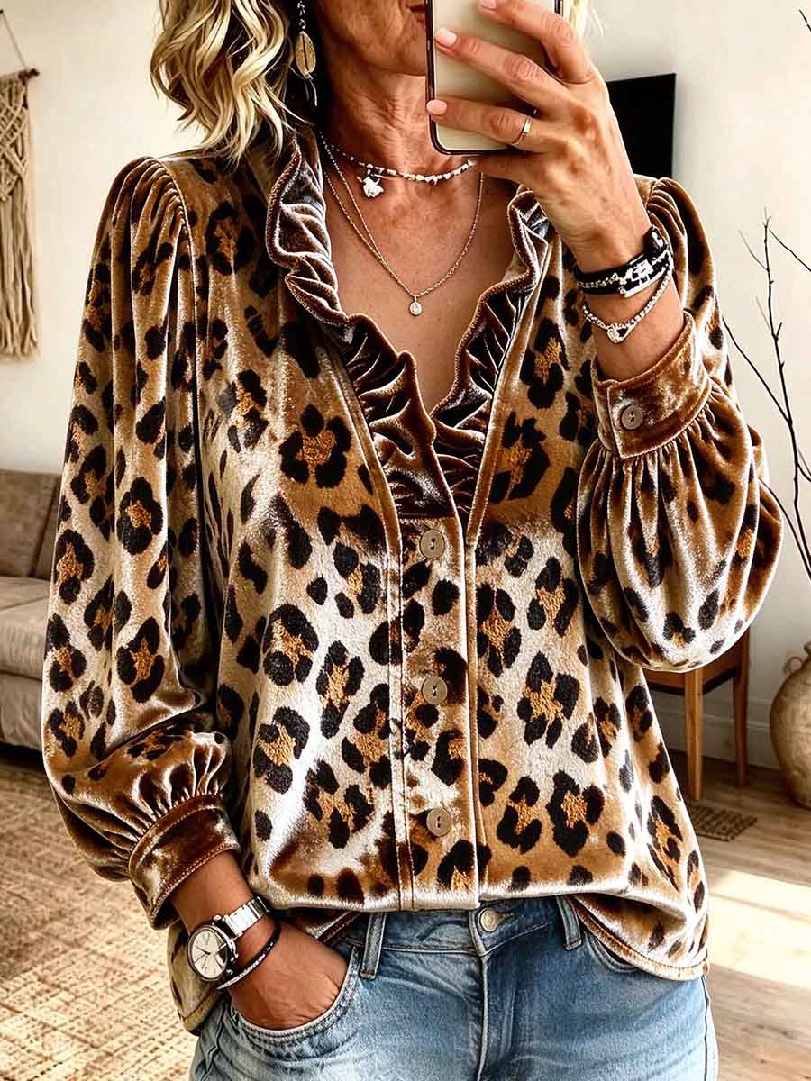Women's Leopard Print Velvet Ruffle Collar Button-Down Blouse