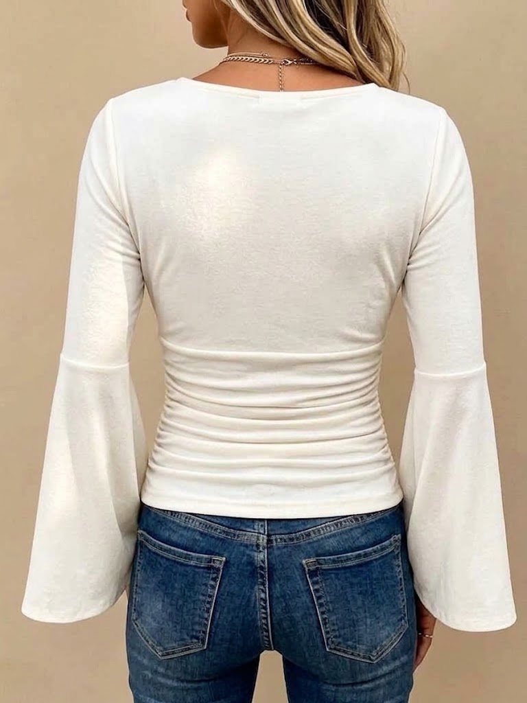 V-neck Long-sleeve Flared Top With Ruching