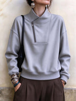 Women's Asymmetrical Zip-Up High Neck Textured Pullover