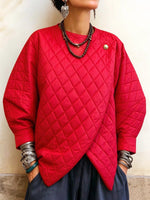 Women's Red Quilted Asymmetrical Wrap Pullover Top.