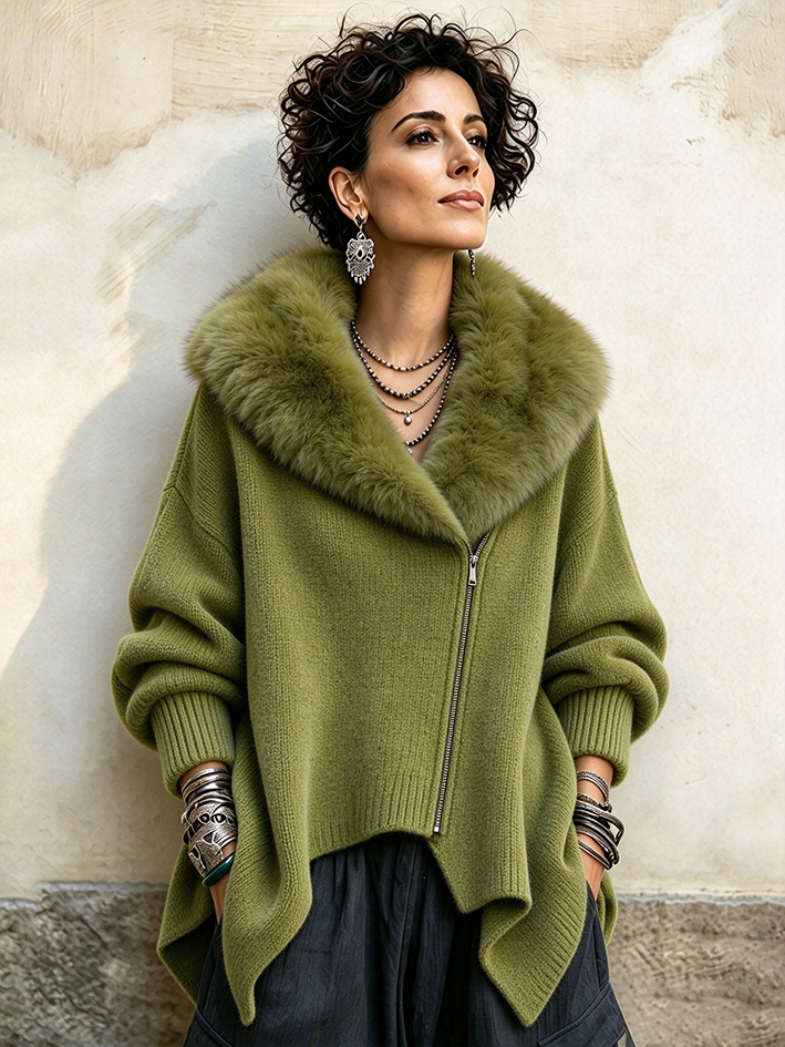 Casual Faux Fur Collar Asymmetrical Knit Coat