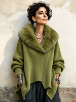 Casual Faux Fur Collar Asymmetrical Knit Coat