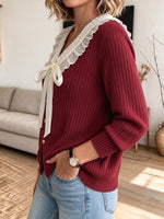 Chic Ribbed-knit Cardigan With Ruffles And Bows