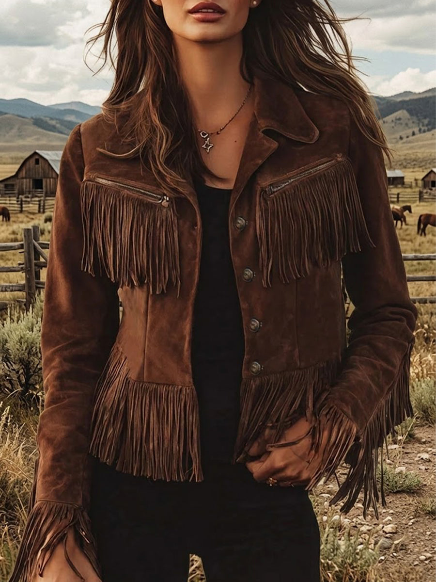 Women’s Faux Suede Jacket With Vintage-style Fringe