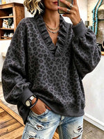 Women's Leopard Print V-Neck Long Sleeve Ruffle Trim Pullover Sweatshirt