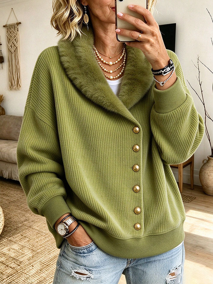 Casual Ribbed Corduroy Olive Green Top Sweatshirt