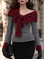 Chic Colorblock Off-shoulder Knit Top With Bow Detail