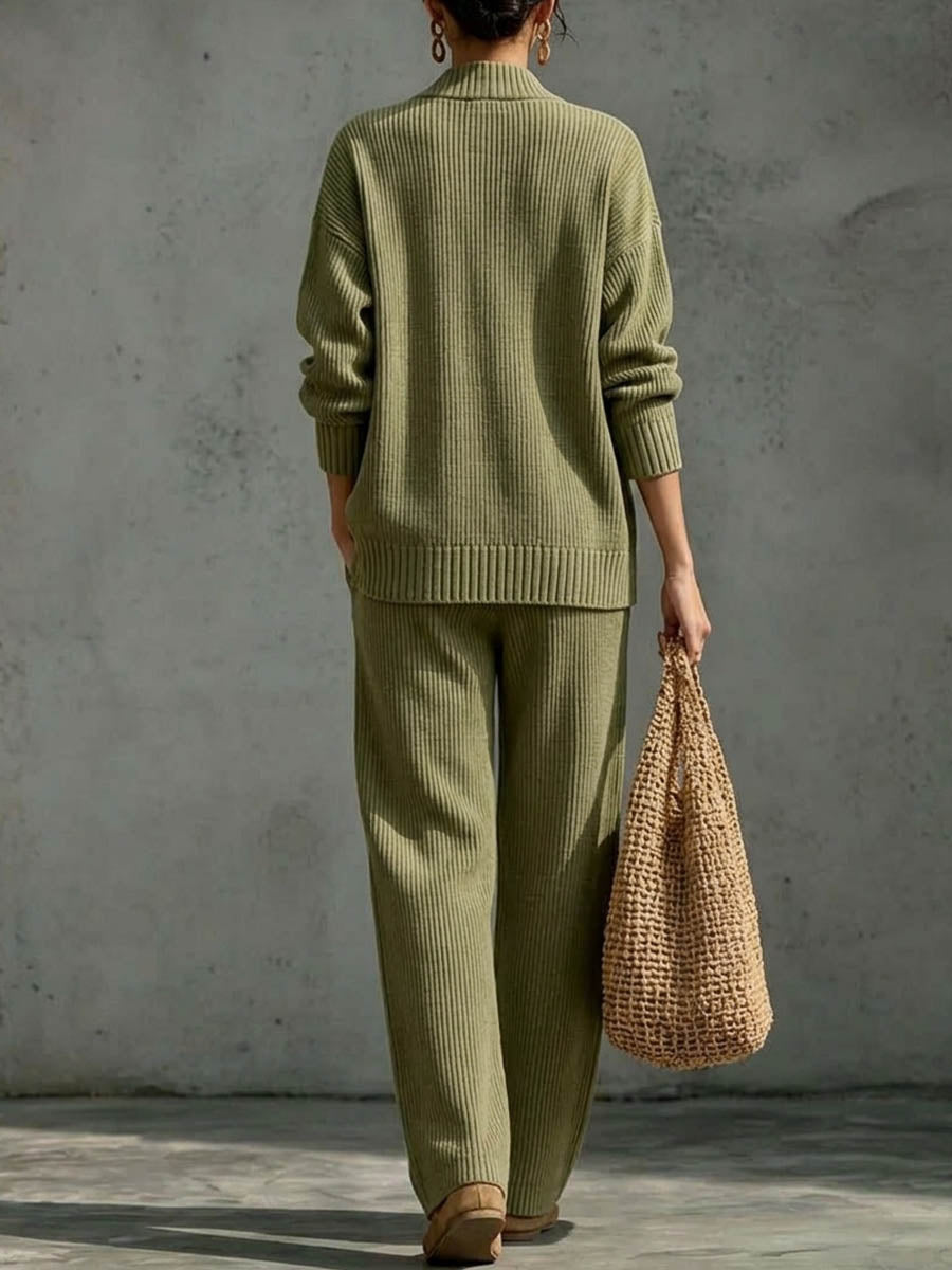 Women's Ribbed Knit Two-piece Lounge Set With Asymmetrical Buttons
