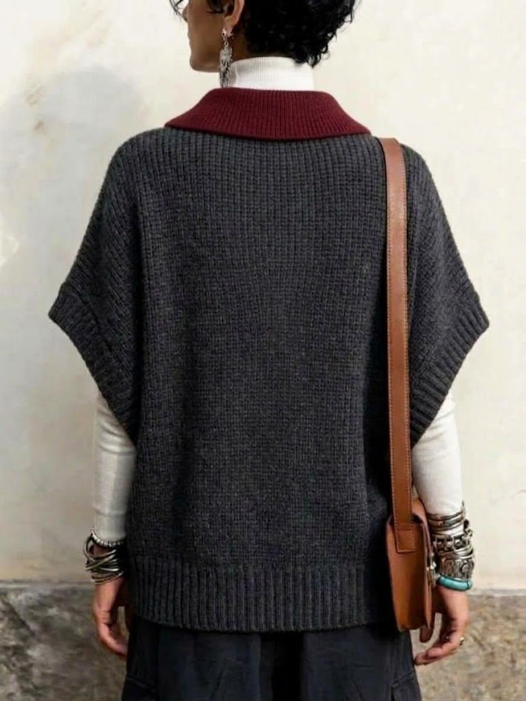 Color Block Collared Sleeveless Knit Vest