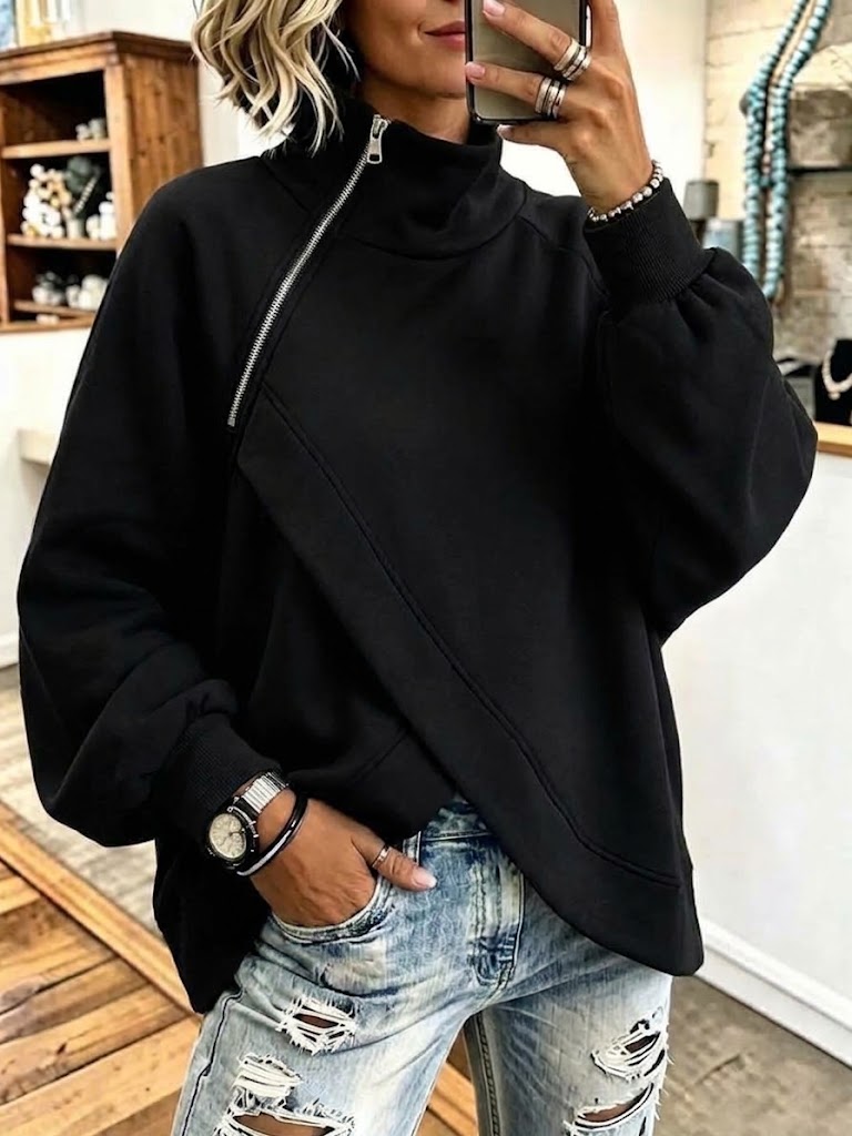 Sweatshirt With An Asymmetrical Hem, High Neck, And Diagonal Zipper