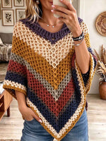 Bohemian Striped Open-work Crochet V-neck Poncho