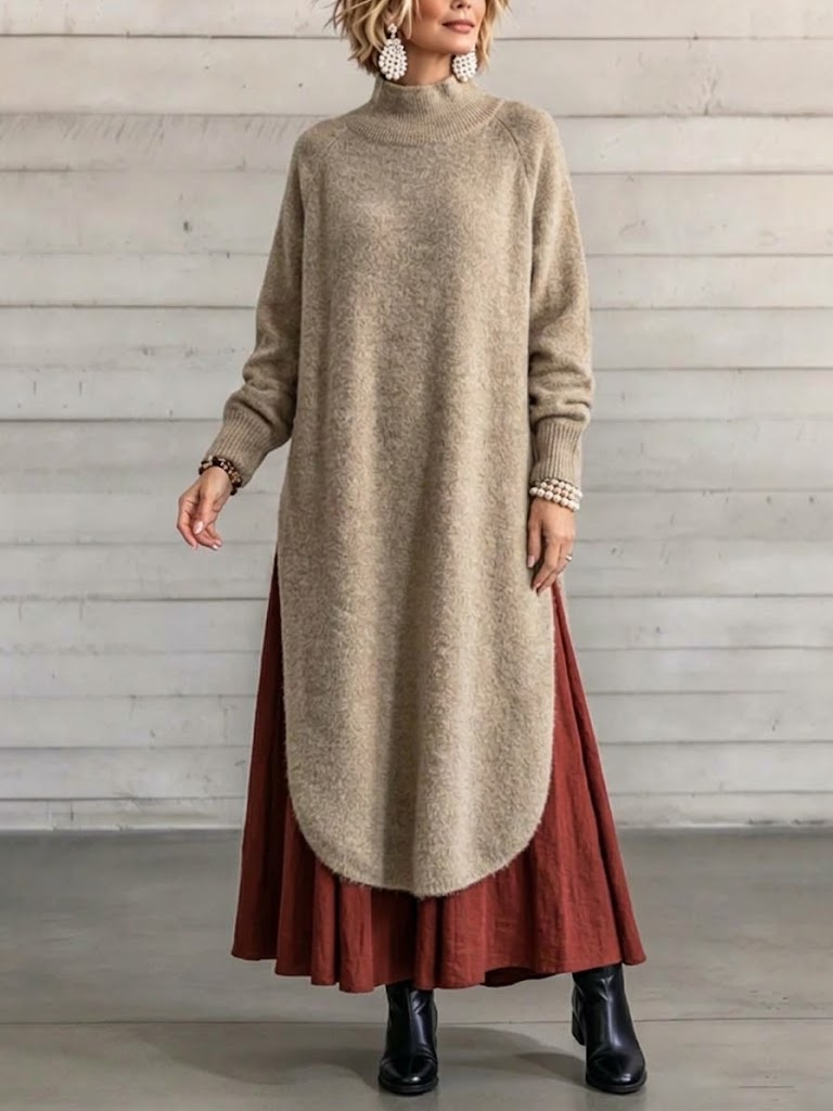 Long-length Knitted Pullover With A Mock Neck And Curved Hem