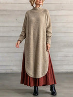Long-length Knitted Pullover With A Mock Neck And Curved Hem