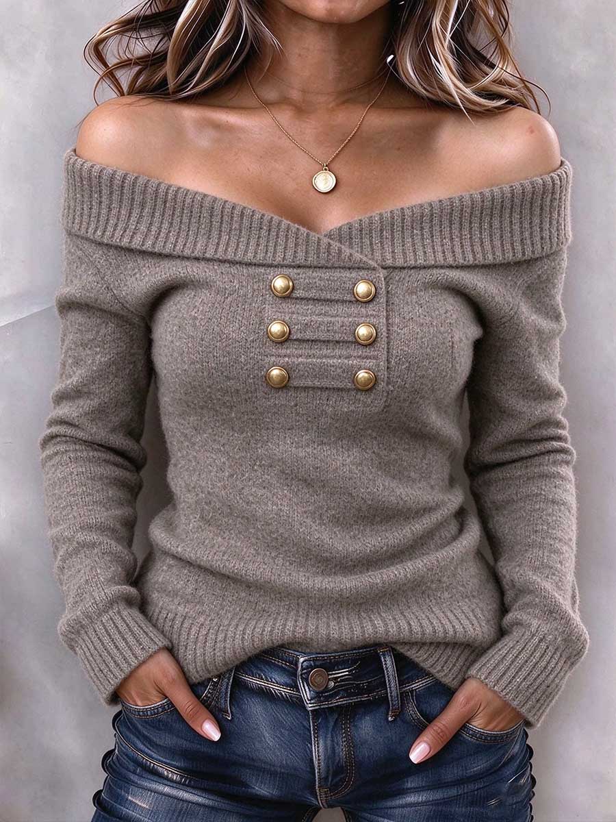 Women's Taupe Off-The-Shoulder Button Detail Knit Sweater