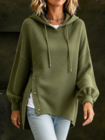 Olive Green Asymmetric Button Hooded Cotton Sweatshirt