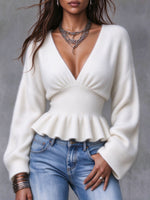 Cozy Mohair V-Neck Peplum Knit Pullover