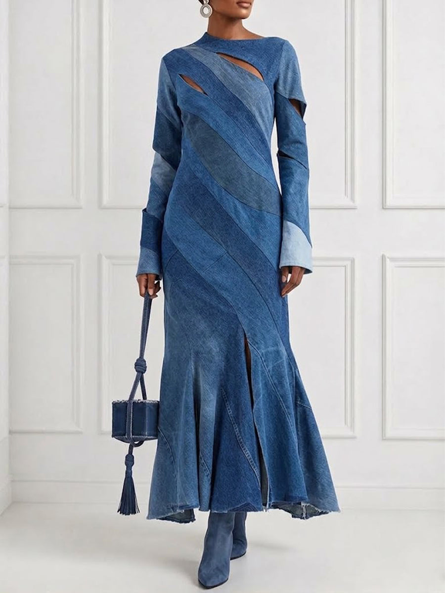 Bias-cut Patchwork Long-sleeve Denim Dress With Cut-out Details