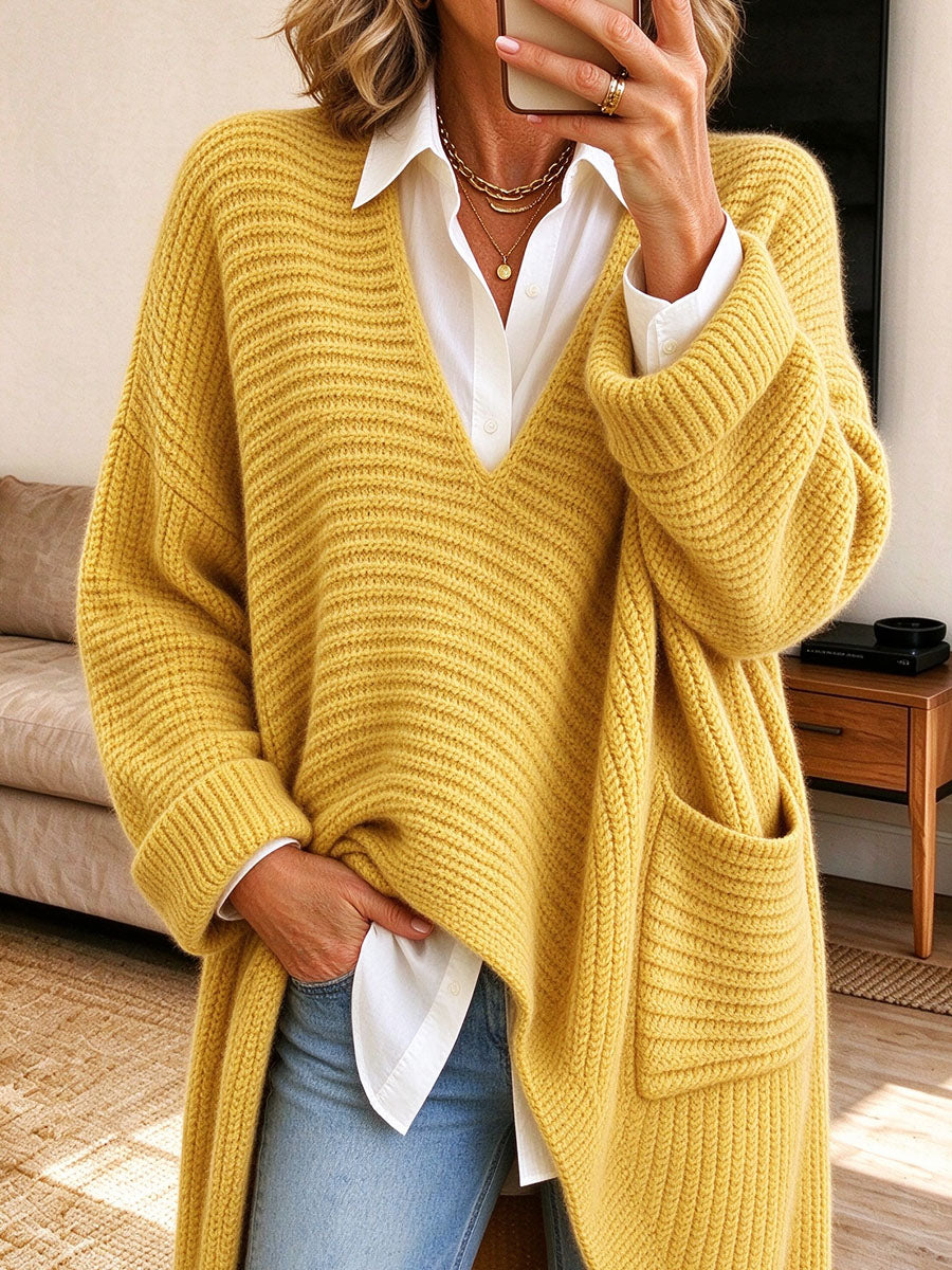 Chic Oversized V-neck Asymmetric Hem Pull-over Sweater