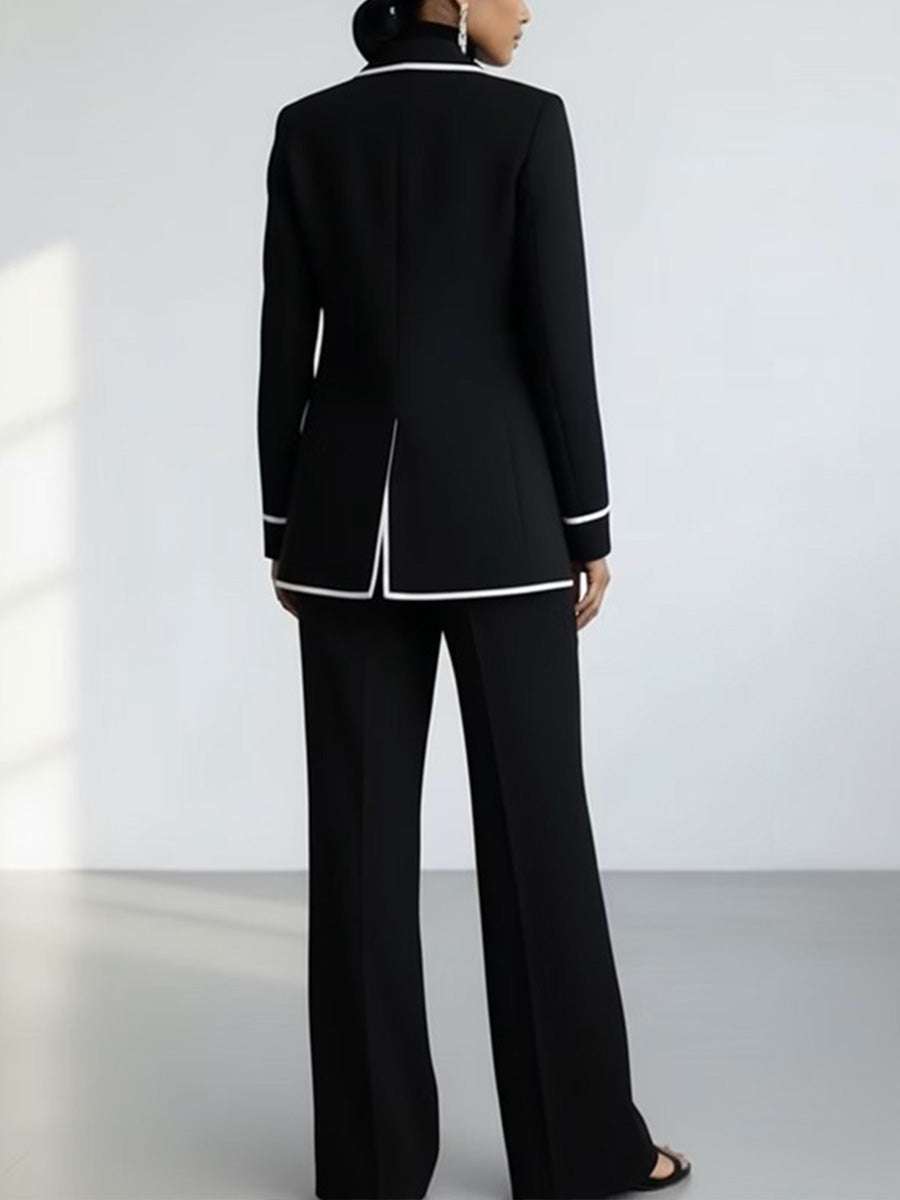 Modern Black Suit Set With Contrast White Piping