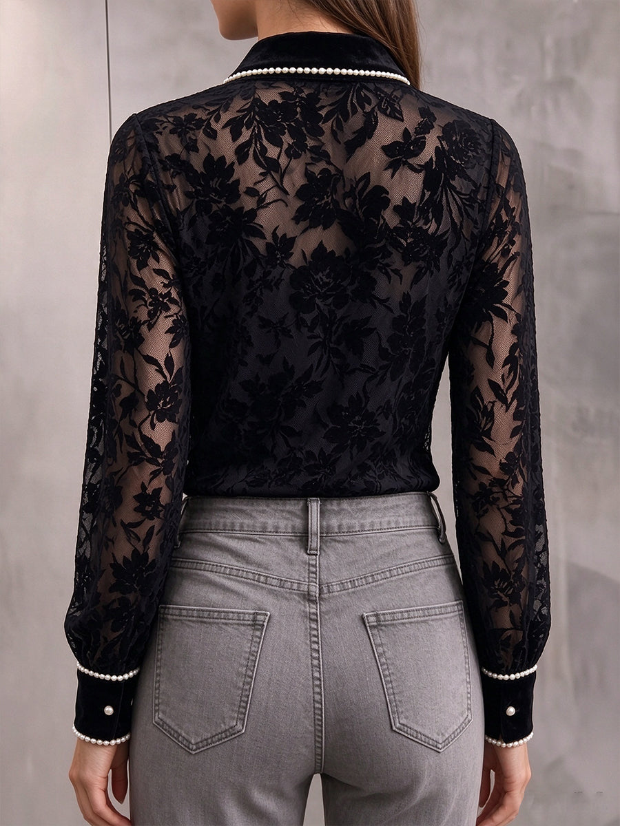 Chic Pearl-Trimmed Sheer Floral Velvet Button-Down Shirt