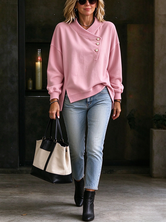 Casual Asymmetric Button Up Sweatshirt