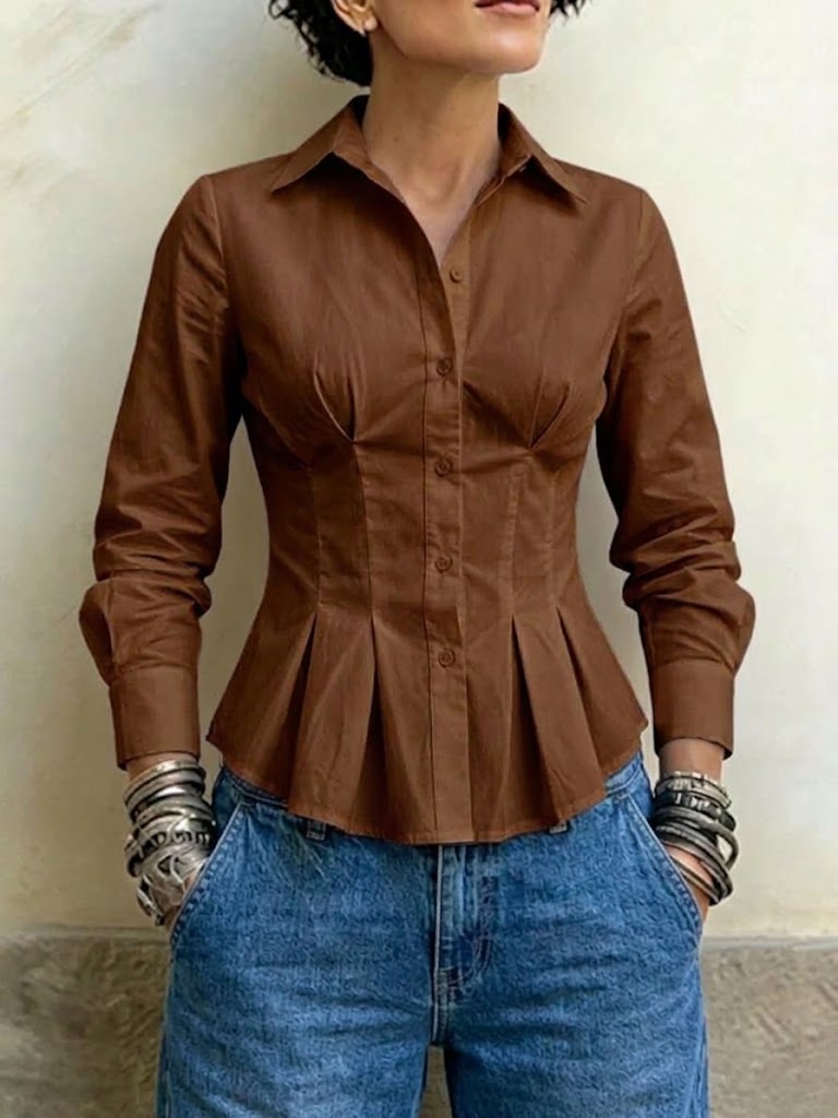 Long-sleeved Shirt With A Collared, Ruffled, And Pleated Waist-cinching Design