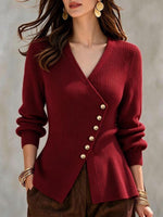 Women's V-neck Ribbed Knit Asymmetrical Button Peplum Sweater