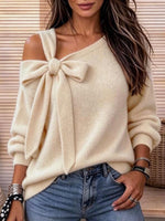 Women's Off-shoulder Bowknot Asymmetrical Knit Sweater