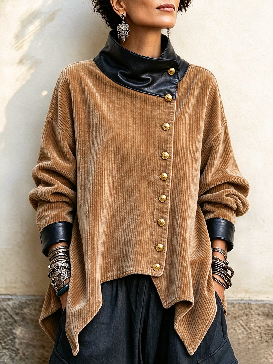 Cozy Asymmetrical Stylish Faux Leather Corduroy Jacket