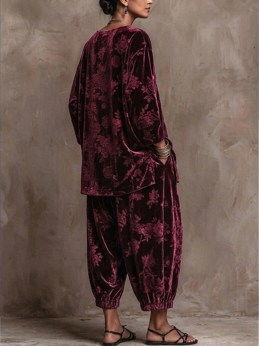 Women's Vintage Burgundy Floral Embossed Velvet Two-piece Set