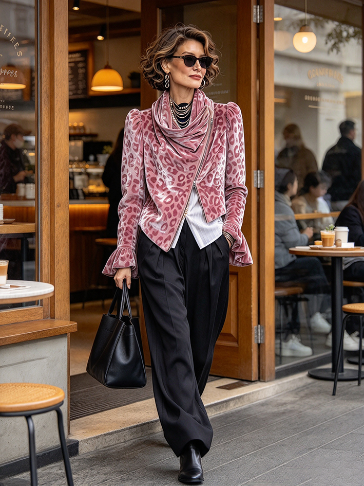 Chic Pink Leopard Velvet Asymmetrical Zip Jacket