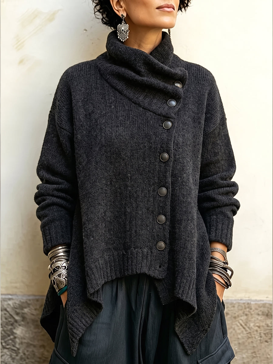 Cozy Asymmetric Button-Detailed Knit Pullover