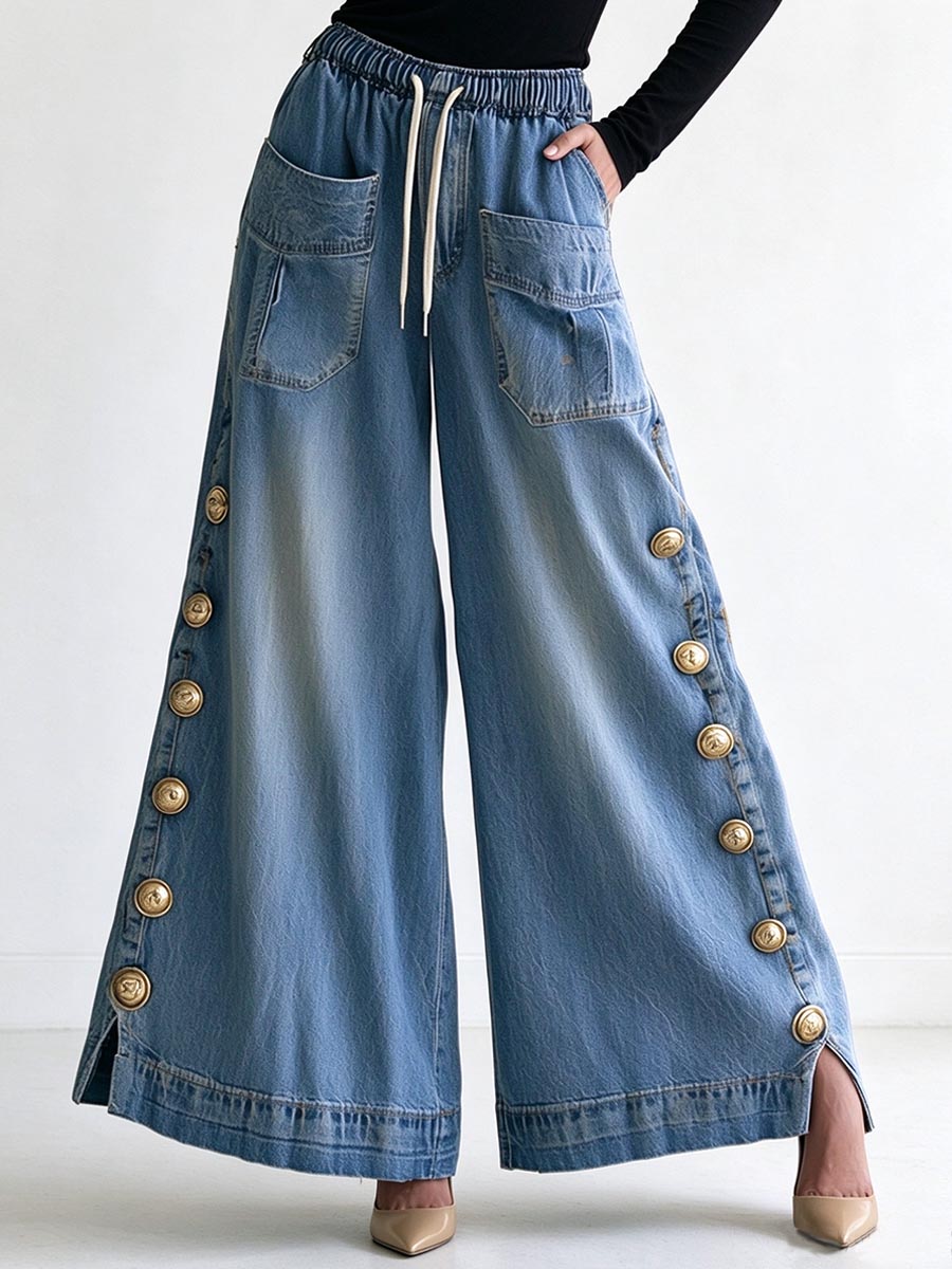 Women's Wide Leg Drawstring Denim Pants With Side Buttons