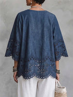 Round-neck Cut-out Embroidered Denim Shirt