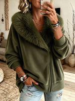 Chic Olive Green Velvet Zip-up Jacket With A Fur Collar