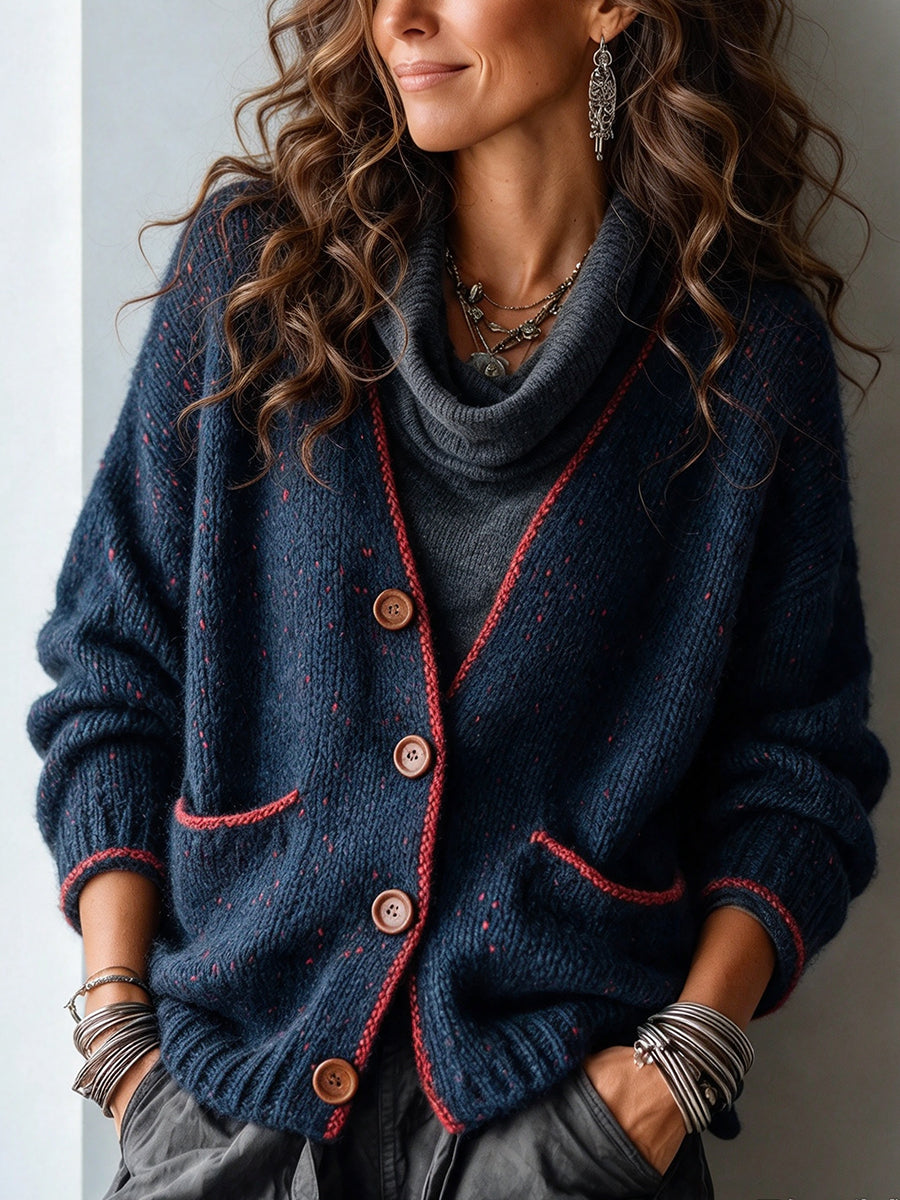 Vintage-style Navy Blue Cardigan With Red Polka Dots, Crafted In A Chunky Knit