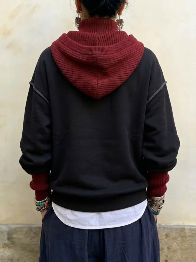 Hooded Sweatshirt With A Color-block Ribbed Collar