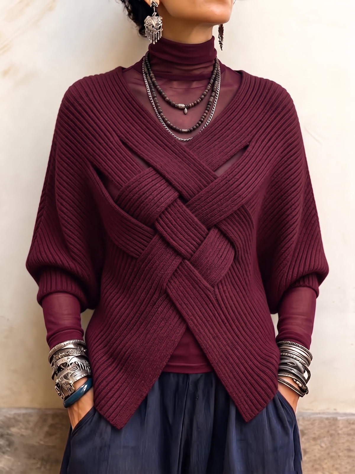 Artistic Interwoven Ribbed Batwing Knit Sweater